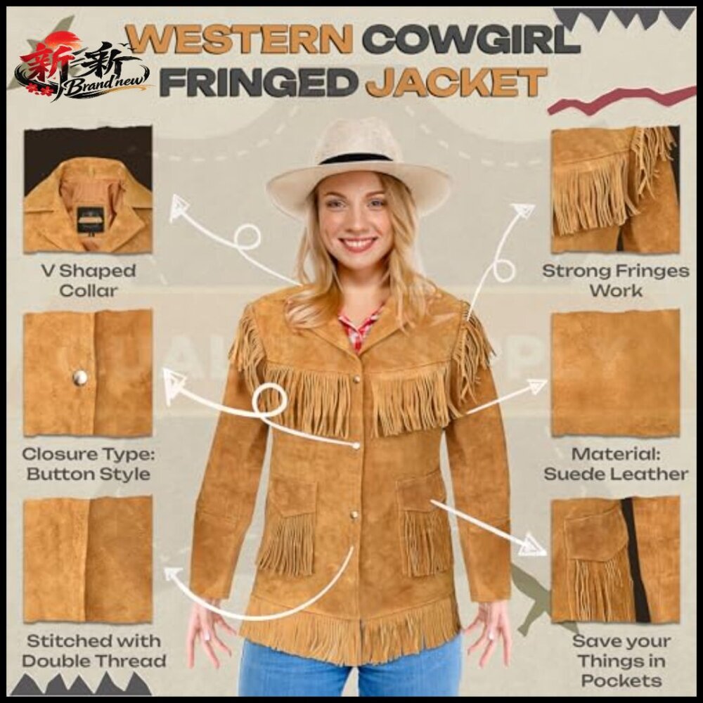 Genuine Suede Leather Western Fringe Jacket Women Cowgirl Style - Picture 2 of 7